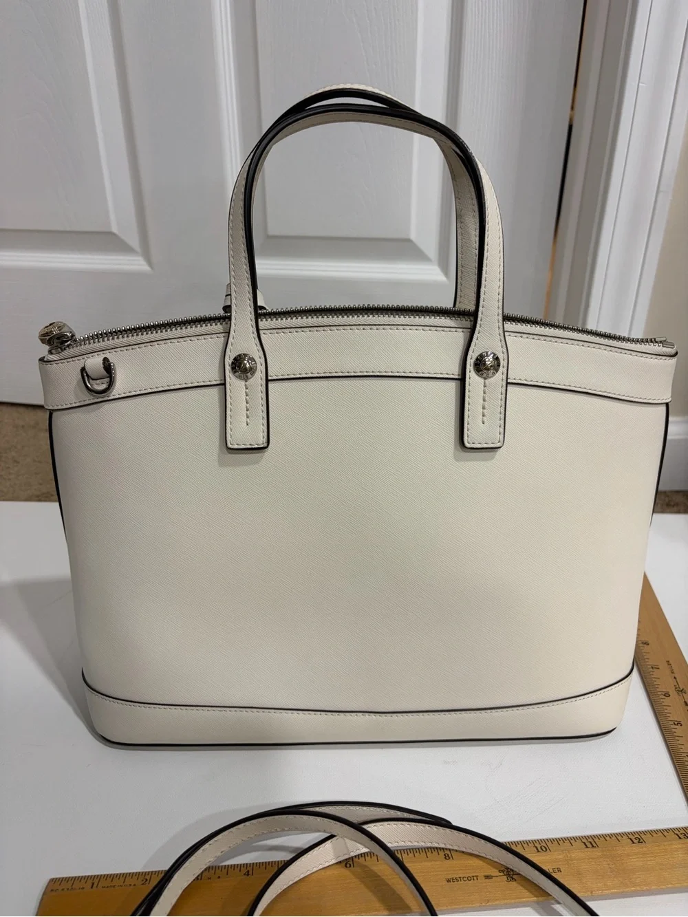 henri bendel Cream Saffiano Leather Satchel with Logo Charm